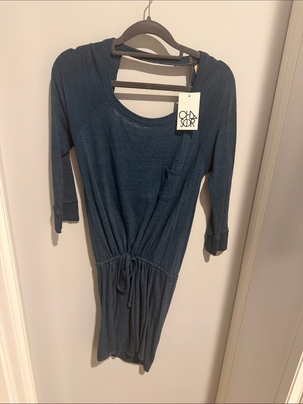 Chaser Navy Blue Drawstring Waist Scoop Neck Long Sleeve Dress